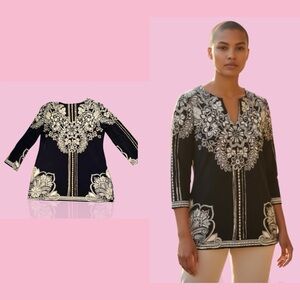 JM Collection Black Tunic with Cream Floral Embroidery
